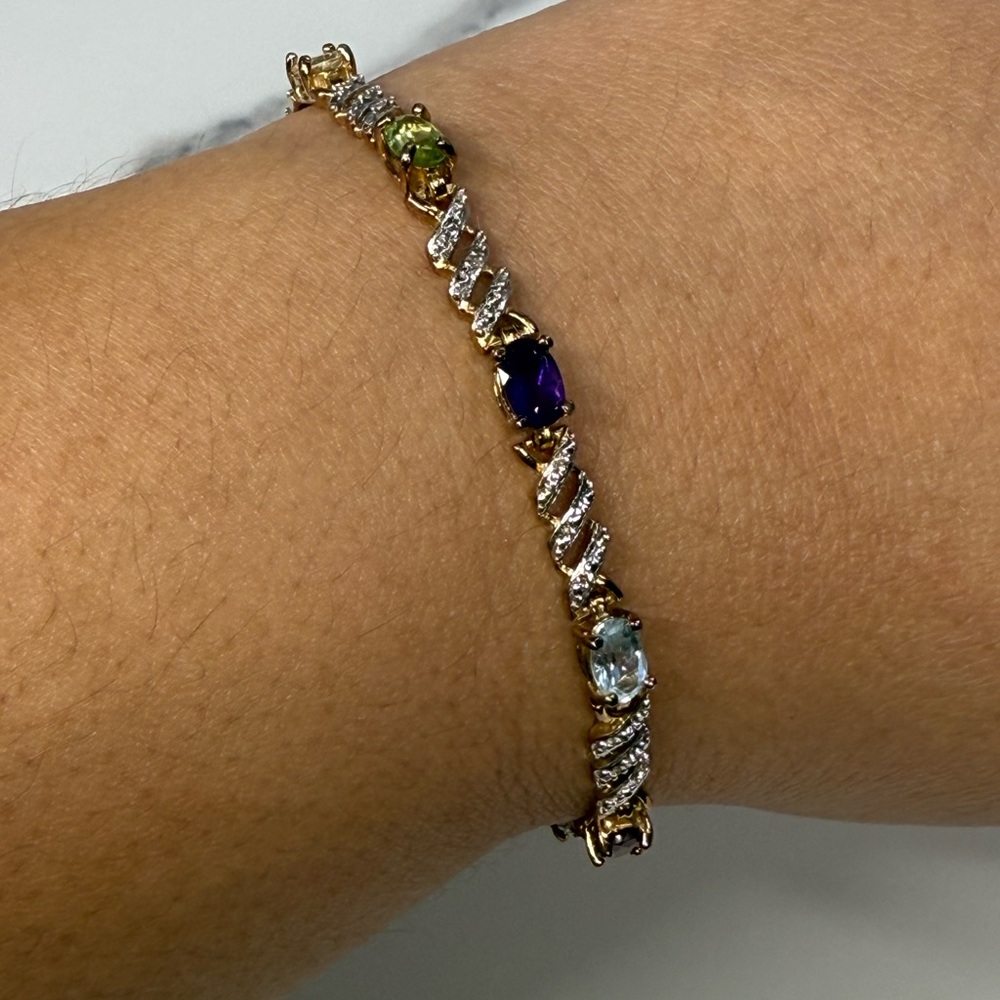 Vintage 925 Sterling Silver Bracelet 18K Gold Over Silver Multi Gemstone 8”